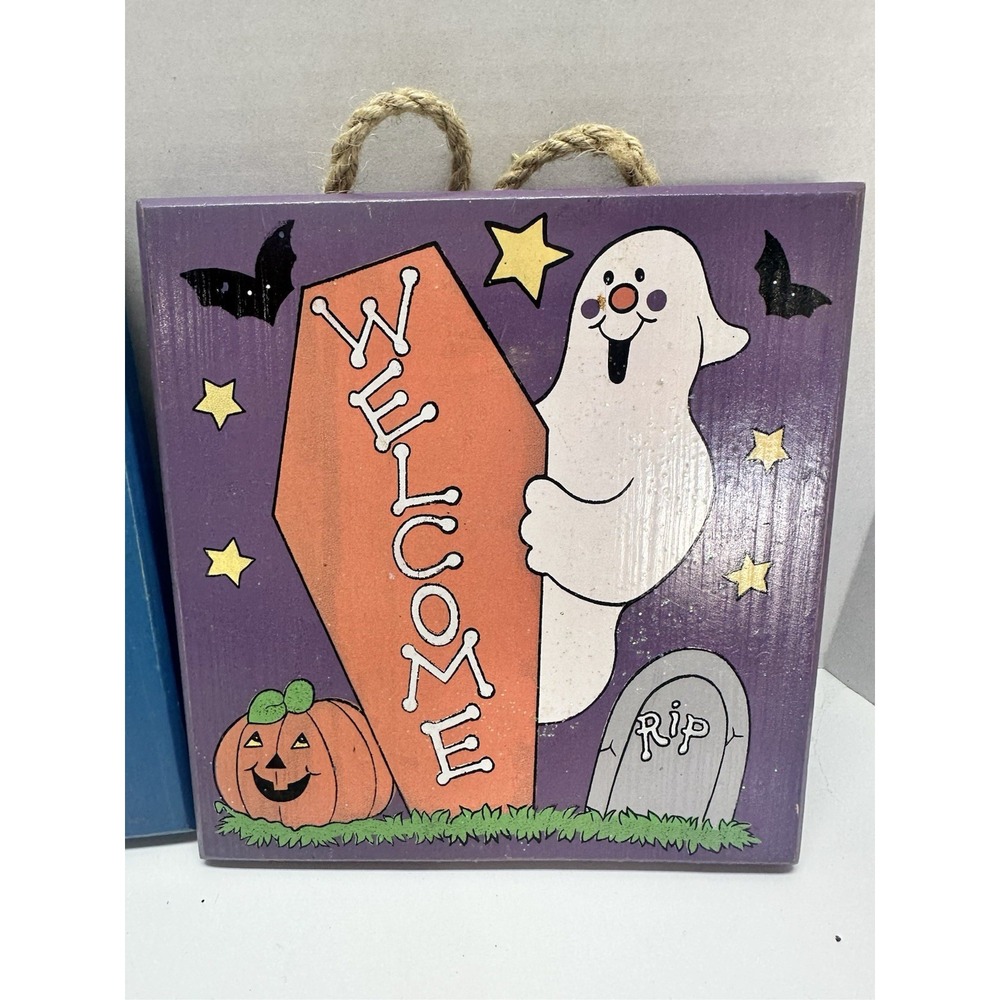 VTG 90's Halloween Painted Wooden Hanging Wall Plaques 7"x7" - Picture 2 of 7